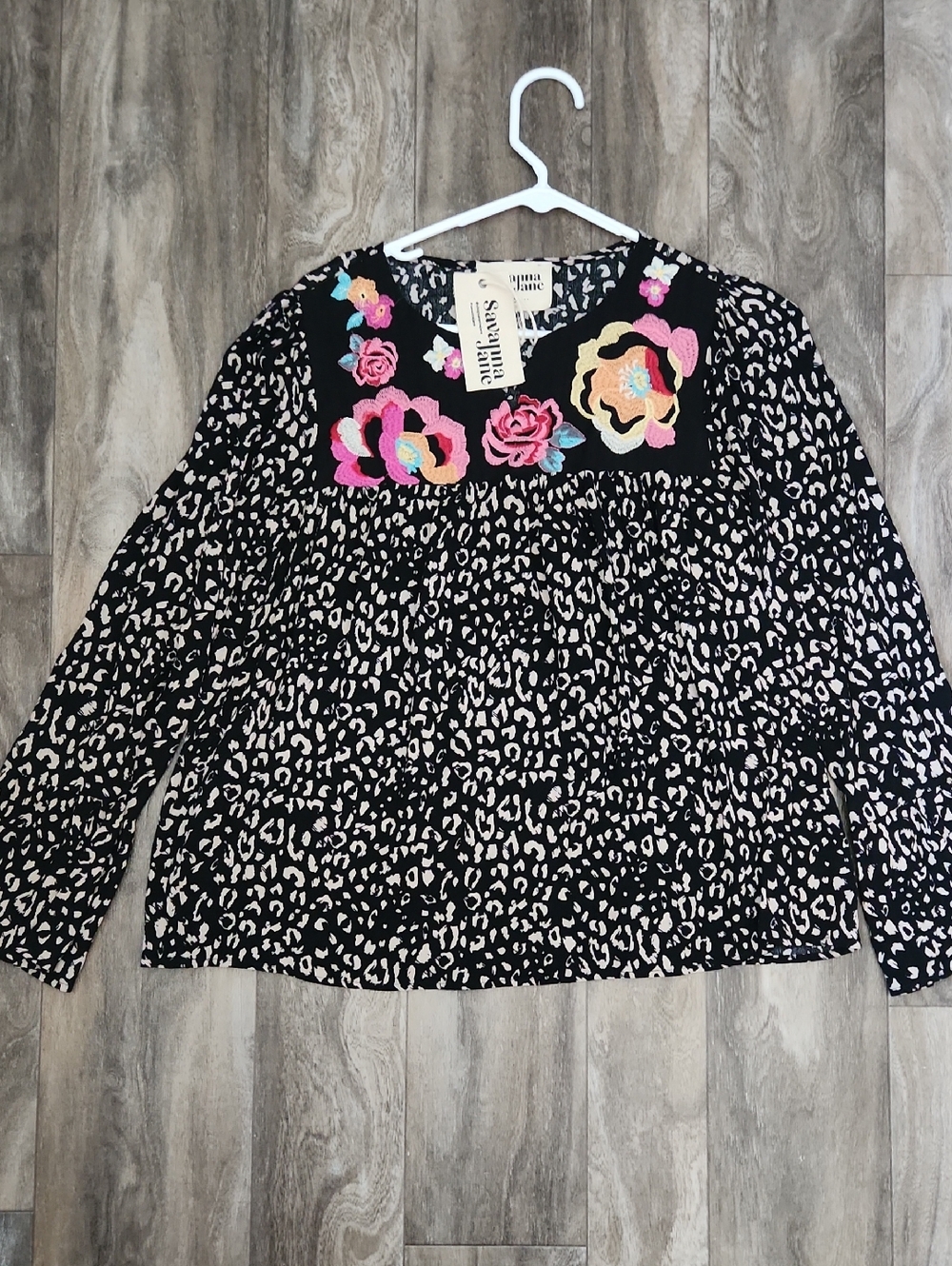 Savanna Jane Black Leopard Print Top with Pink and Yellow Floral Embroidery